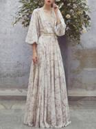 Choies Beige Chiffon V-neck Floral Print Puff Sleeve Chic Women Maxi Dress