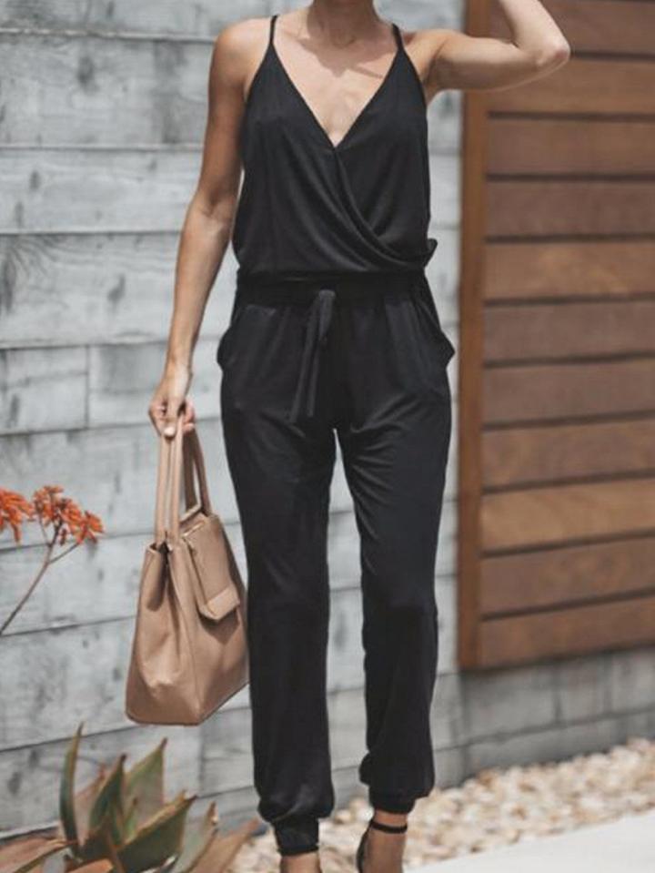 Choies Black Spaghetti Strap V-neck Drawstring Waist Chic Women Jumpsuit