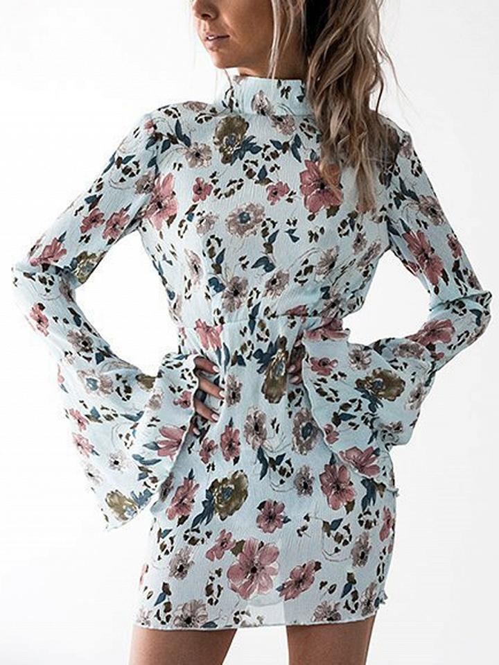 Choies Light Blue Floral Backless Flare Sleeve Mini Dress