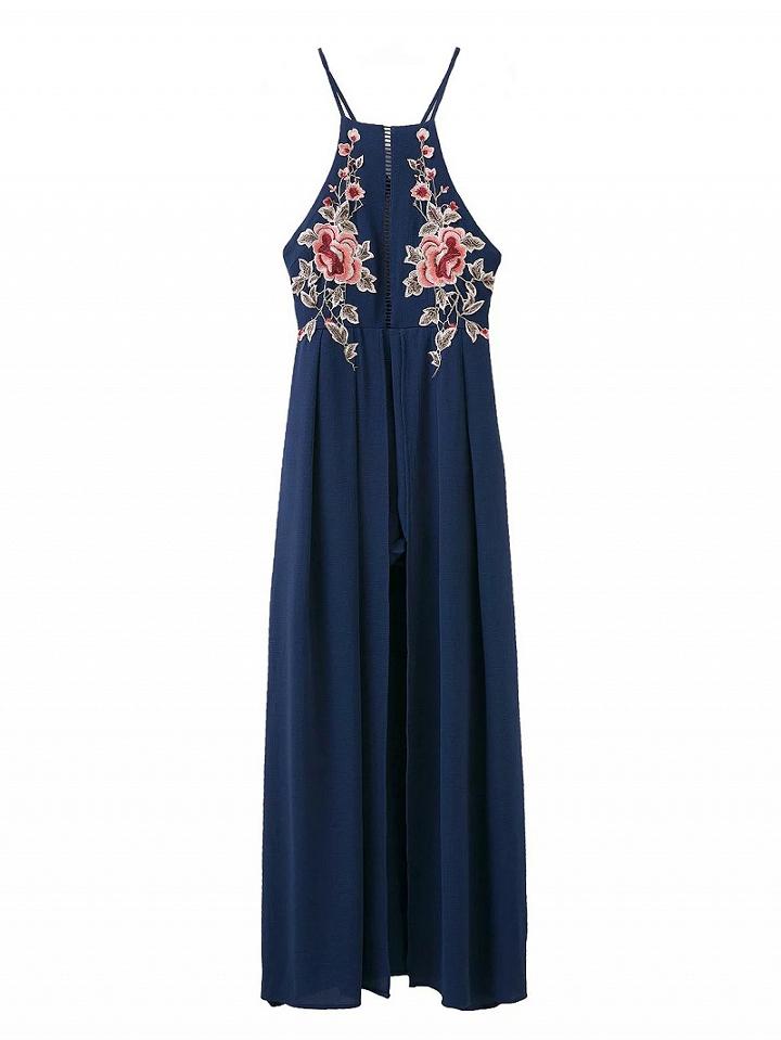 Choies Navy Blue Floral Embroidery Cross Back Split Maxi Dress