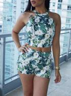 Choies Green Leaf Print Halter Crop Top And Shorts