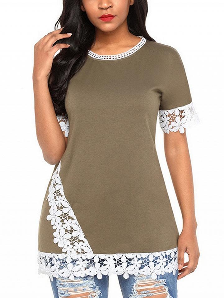 Choies Green Crew Neck Lace Panel Blouse