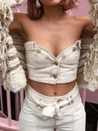 Choies White Bandeau Button Embellished Tie Waist Women Crop Top