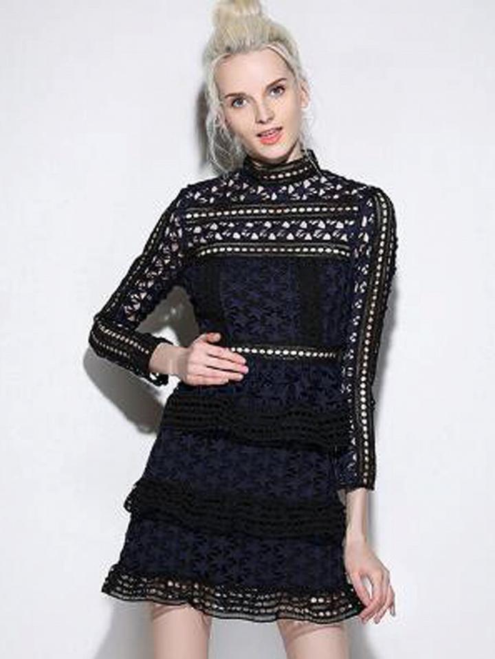 Choies Black High Neck Long Sleeve Layered Cut Out Lace Dress