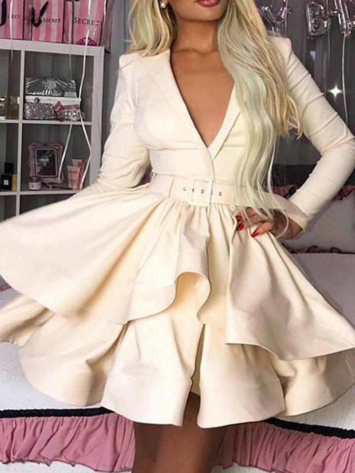 Choies Beige V-neck Buckle Strap Waist Long Sleeve Chic Women Mini Dress