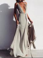 Choies Gray Plunge Lace Up Front Thigh Split Side Chic Women Cami Maxi Dress