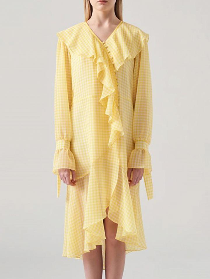 Choies Yellow Plaid Chiffon V-neck Long Sleeve Chic Women Hi-lo Midi Dress