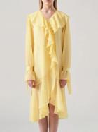 Choies Yellow Plaid Chiffon V-neck Long Sleeve Chic Women Hi-lo Midi Dress