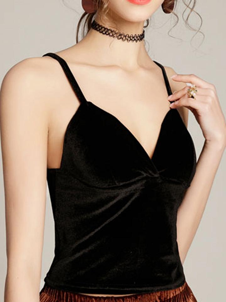 Choies Black Velvet V-neck Chic Women Crop Cami Top