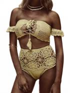 Choies Yellow Off Shoulder Lace Up Crochet Bikini Top And Bottom