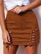Choies Brown Lace Up Side Faux Suede Pencil Mini Skirt