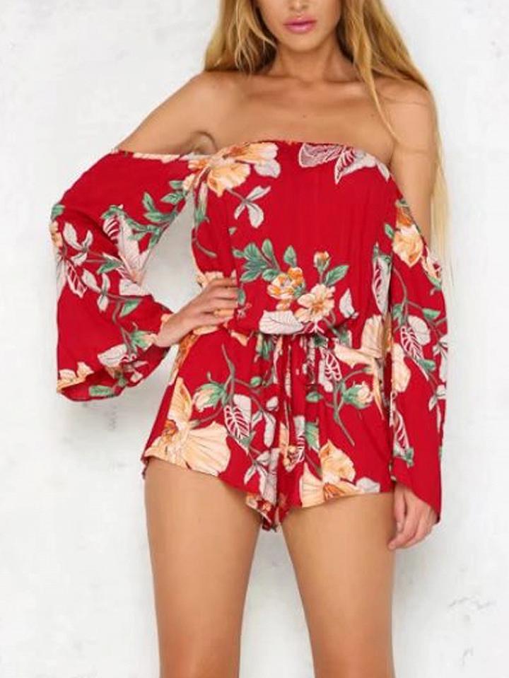 Choies Red Floral Off Shoulder Tie Waist Long Sleeve Romper Playsuit