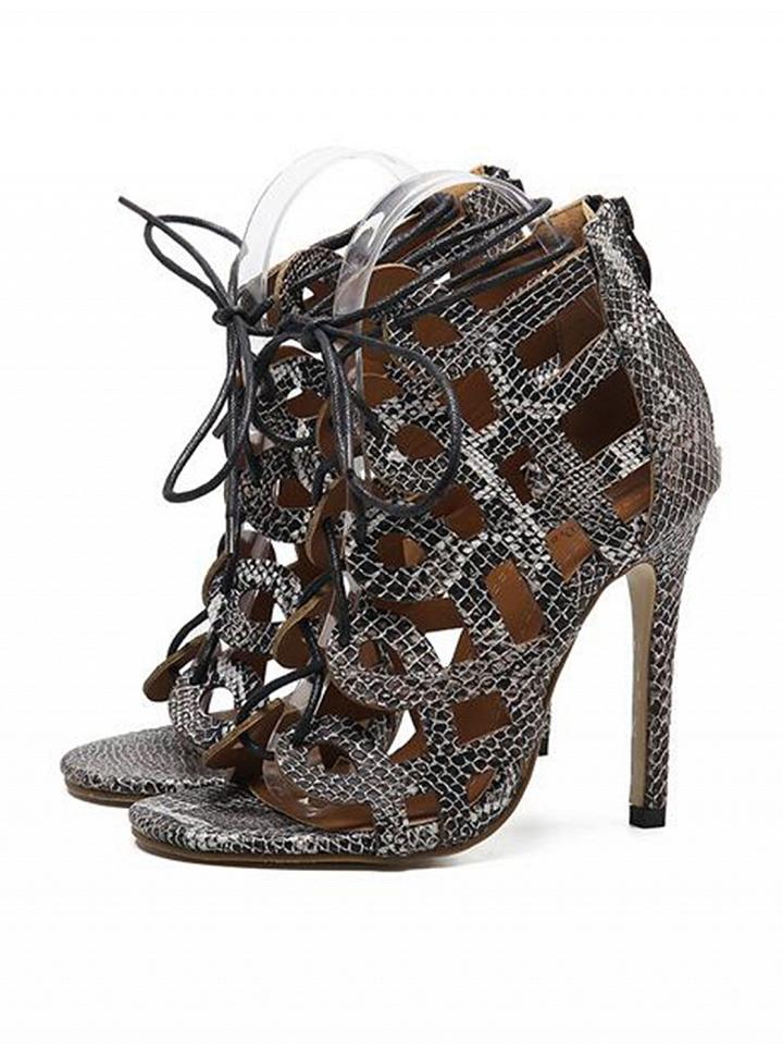 Choies Black Snake Skin Caged Lace Up Heeled Sandals