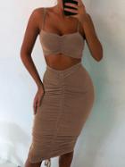 Choies Khaki Ruched Detail Crop Cami Top And High Waist Skirt