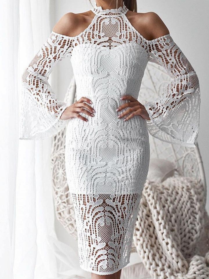 Choies White Cold Shoulder Flare Sleeve Chic Women Lace Bodycon Midi Dress