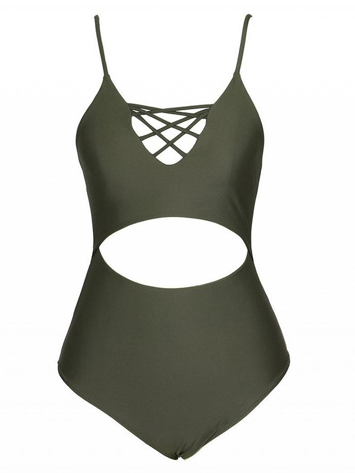 Choies Army Green Strap Caged Open Belly One-piece Swimsuit