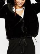 Choies Black Zip Front Long Sleeve Faux Fur Hooded Coat
