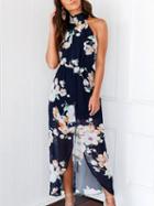 Choies Navy Halter Floral Backless Front Split Maxi Dress