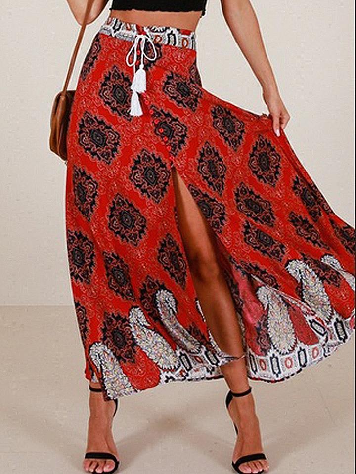 Choies Red Argyle Print Drawstring Waist Maxi Skirt