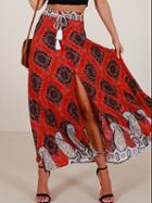 Choies Red Argyle Print Drawstring Waist Maxi Skirt