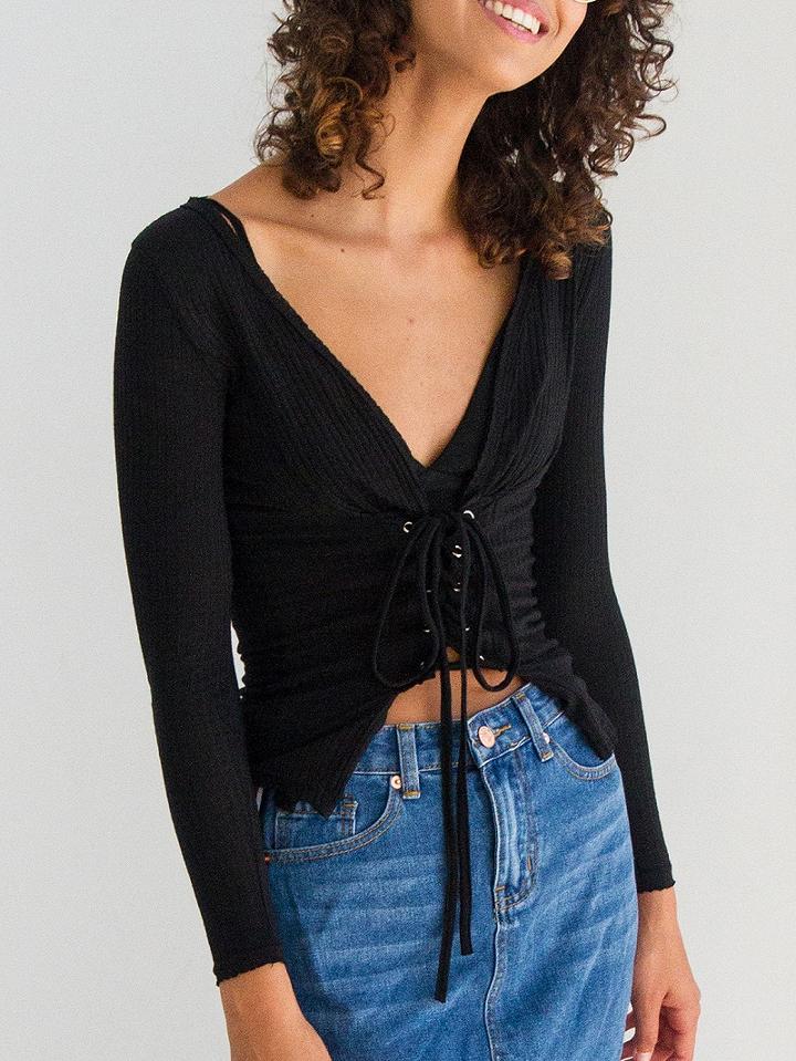 Choies Black V-neck Lace Up Front Long Sleeve Ribbed T-shirt