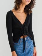 Choies Black V-neck Lace Up Front Long Sleeve Ribbed T-shirt