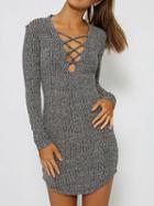 Choies Gray Plunge Neck Strappy Front Long Sleeve Bodycon Knit Dress