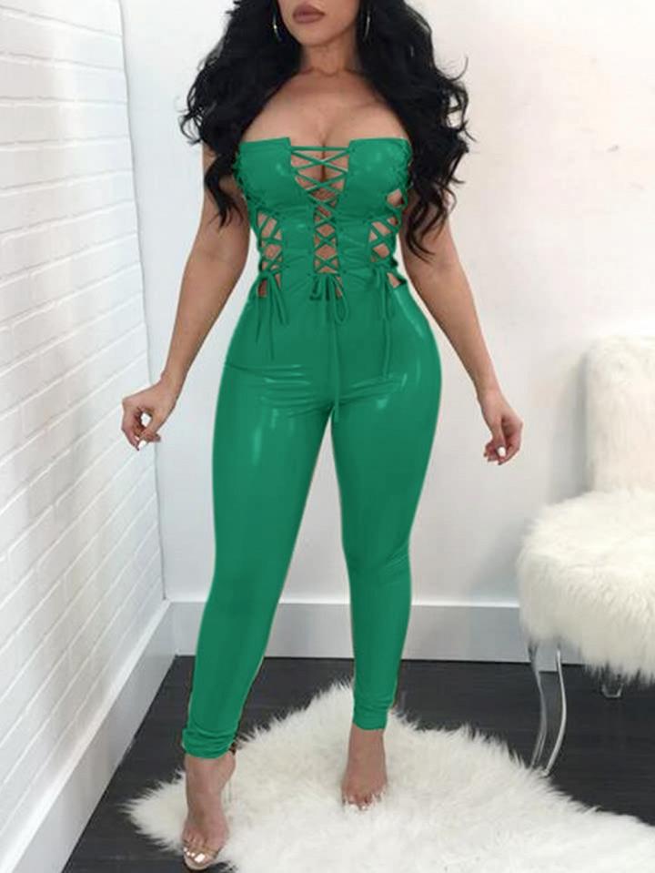 Choies Green Bandeau Lace Up Front Leather Look Jumpsuit
