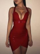 Choies Red Halter Plunge Buckle Belt Leather Look Mini Dress