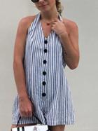 Choies White Cotton Stripe Halter Button Placket Front Chic Women Playsuit