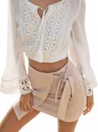 Choies White Tie Front Lace Detail Flared Sleeve Cropped Blouse Top