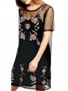 Choies Black Dotted Sheer Mesh Embroidery Floral Dress With Lining
