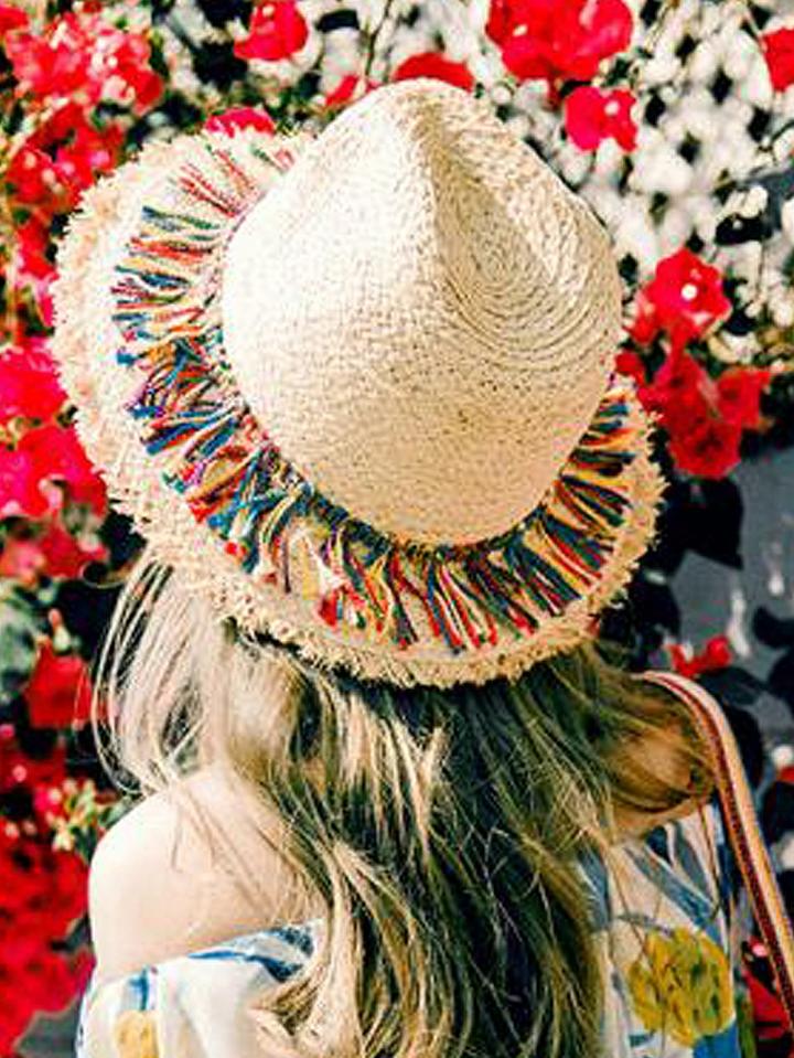 Choies Beige Frayed Edge Tassel Detail Straw Floppy Sun Hat