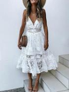 Choies White Spaghetti Strap V-neck Ruffle Hem Lace Midi Dress