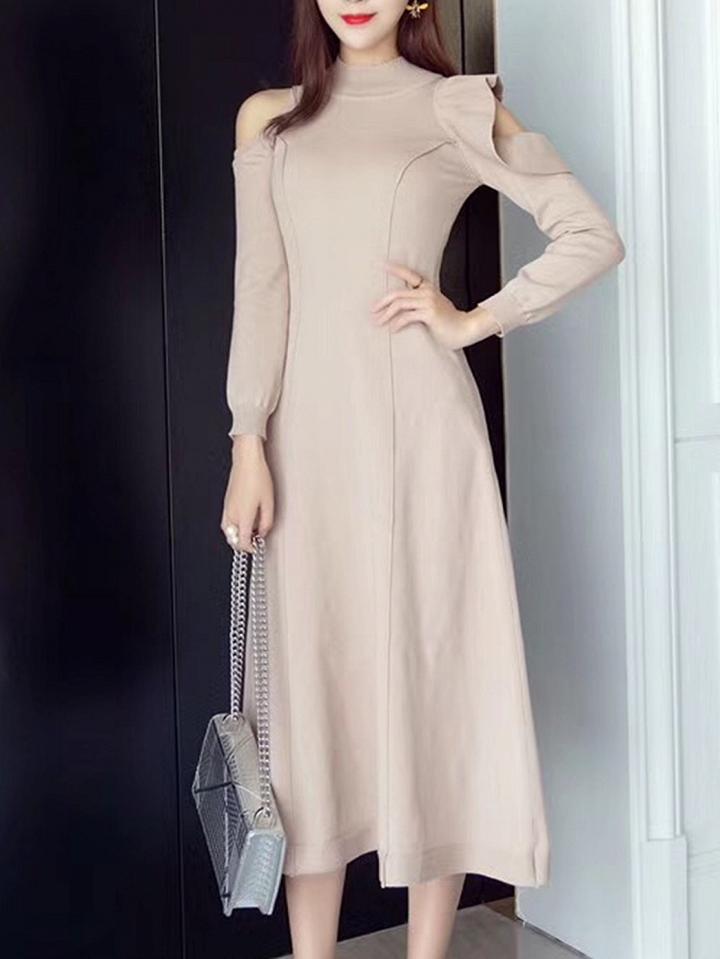 Choies Beige Cold Shoulder Ruffle Detail Long Sleeve Knitted Dress