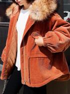 Choies Brown Drawstring Waist Faux Fur Hooded Corduroy Coat
