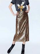 Choies Brown High Waist Sequin Leopard Detail Women Midi Skirt