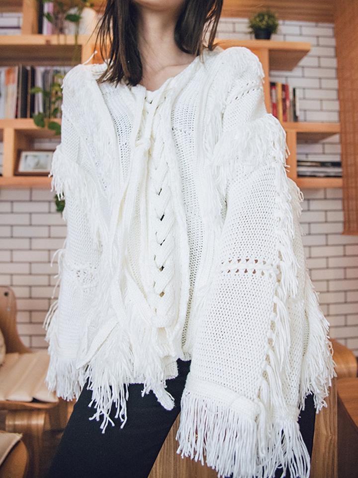 Choies White Lace Up Front Tassel Detail Long Sleeve Knit Jumper
