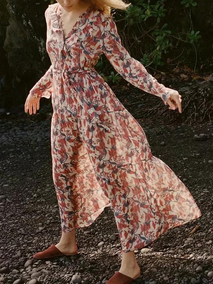 Choies Polychrome Print Detail Ruffle Trim Long Sleeve Maxi Dress