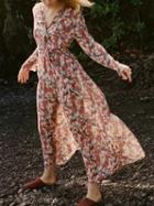 Choies Polychrome Print Detail Ruffle Trim Long Sleeve Maxi Dress