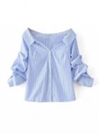 Choies Blue Stripe Pointed Collar V Front Puff Sleeve Shirt