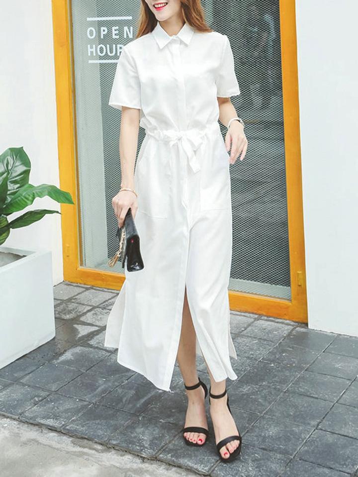 Choies White Tie Waist Short Sleeve Maxi Shirt Dress