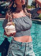 Choies Black Plaid Off Shoulder Tie Back Puff Sleeve Crop T-shirt