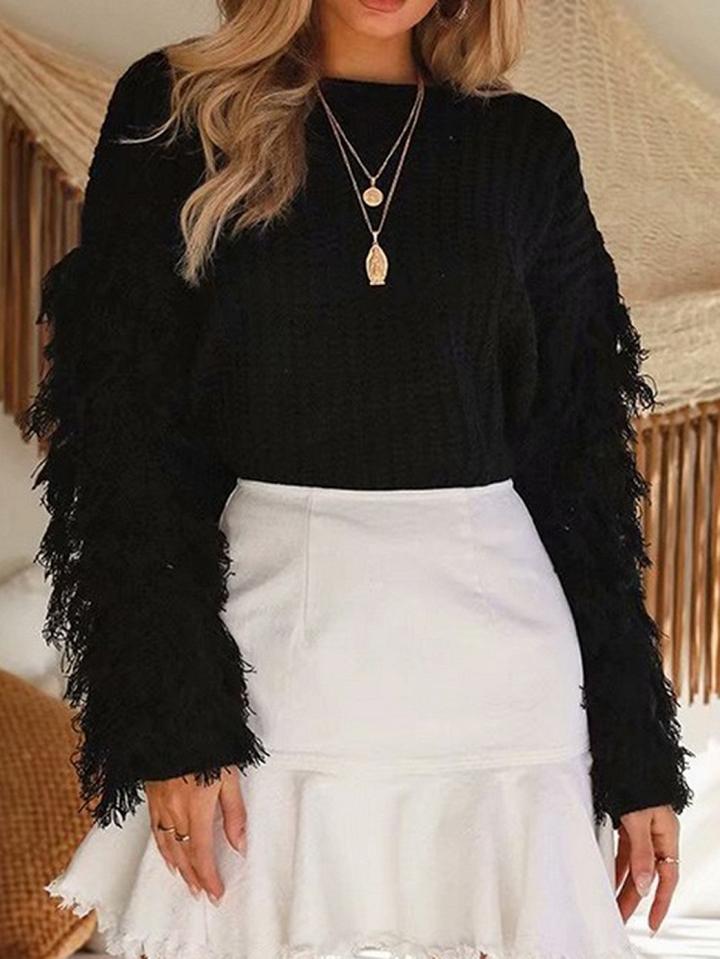 Choies Black Tassel Embellished Long Sleeve Chic Women Knit Sweater