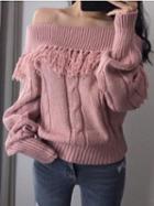 Choies Pink Off Shoulder Tassel Trim Cable Knit Sweater