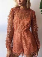 Choies Orange Cut Out Lace Overlay Long Sleeve Romper Playsuit
