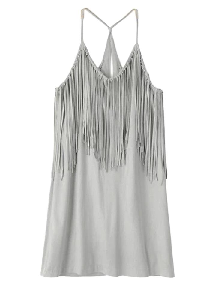 Choies Gray Spaghetti Strap Suedette Tassel Shift Mini Dress