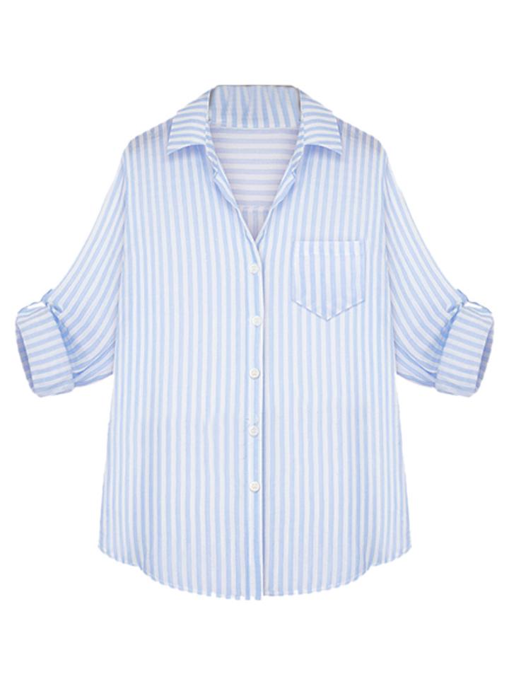 Choies Sky Blue Stripe Pointed Collar Roll-up Sleeve Shirt