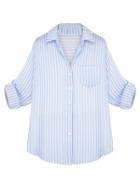 Choies Sky Blue Stripe Pointed Collar Roll-up Sleeve Shirt