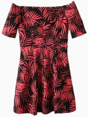 Choies Leaves Print Dress With Off Shoulder
